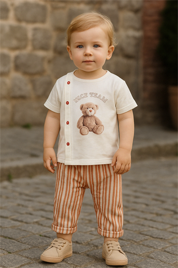 Erkek Bebek Çizgili Teddy Yazlık Müslin Takım