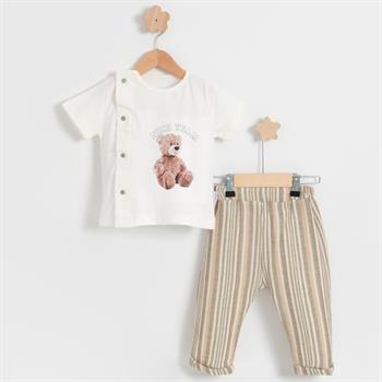 Erkek Bebek Çizgili Teddy Yazlık Müslin Takım