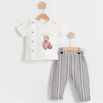 Erkek Bebek Çizgili Teddy Yazlık Müslin Takım