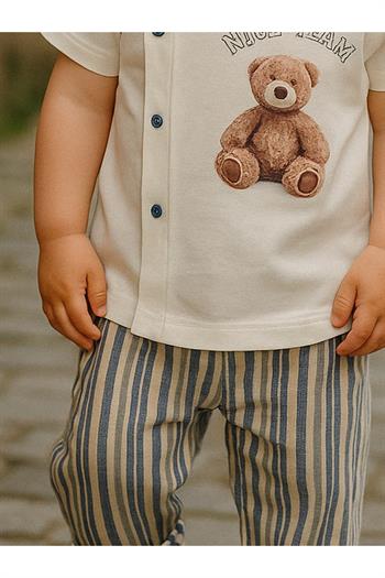 Erkek Bebek Çizgili Teddy Yazlık Müslin Takım