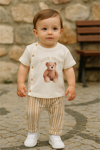 Erkek Bebek Çizgili Teddy Yazlık Müslin Takım