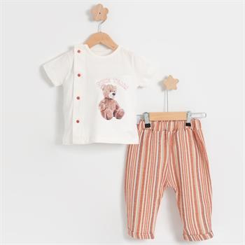 Erkek Bebek Çizgili Teddy Yazlık Müslin Takım
