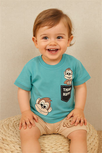 Erkek Bebek Pamuklu Sevimli Maymun Desenli Şortlu Mavi Süprem Takım