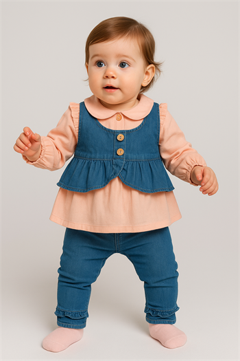 Kız Bebek Kot Yelekli Üçlü Takım Somon