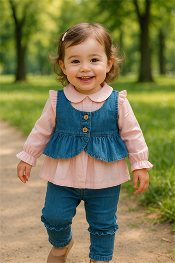 Kız Bebek Kot Yelekli Üçlü Takım Pembe