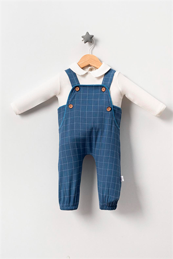 Erkek Bebek Ekose Dokumalı Salopet Mavi