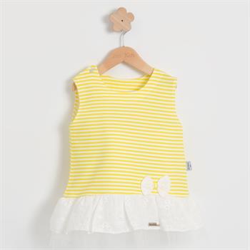 Kız Bebek Çizgi Detaylı Fırfırlı Fiyonklu Yazlık Elbise