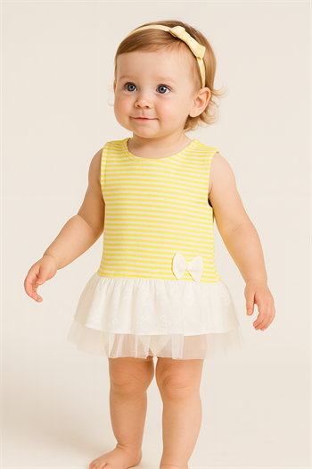 Kız Bebek Çizgi Detaylı Fırfırlı Fiyonklu Yazlık Elbise