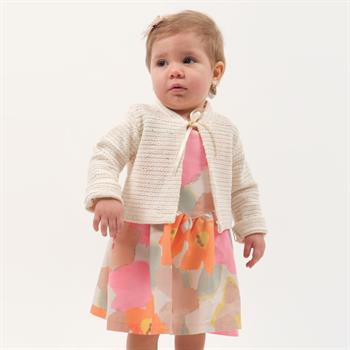 Kız Bebek Renkli Çiçekli İp Askılı Dokuma Elbise Örme Hırkalı