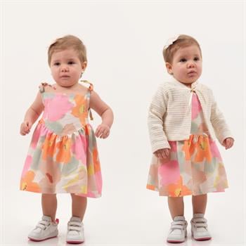 Kız Bebek Renkli Çiçekli İp Askılı Dokuma Elbise Örme Hırkalı