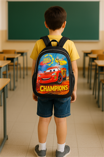 Erkek Çocuk Fermuarlı Şampiyon Arabalar Siyah Okul Çantası - Sırt Çantası