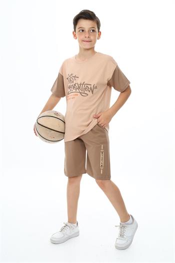 Erkek Çocuk Kısa Kollu Yazı Baskılı Şortlu Takım