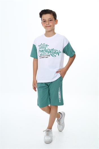 Erkek Çocuk Kısa Kollu Yazı Baskılı Şortlu Takım