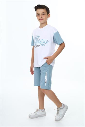 Erkek Çocuk Kısa Kollu Yazı Baskılı Şortlu Takım