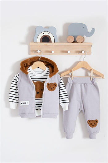 Kız Bebek Peluşlu Kürklü Ayı Baskılı Unisex 2 İp Üçlü Takım