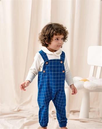 Erkek Bebek Ekose Dokumalı Salopet Mavi