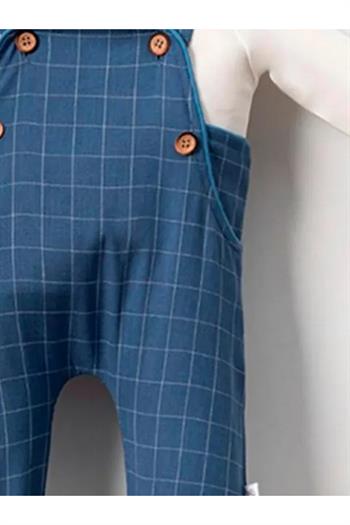 Erkek Bebek Ekose Dokumalı Salopet Mavi