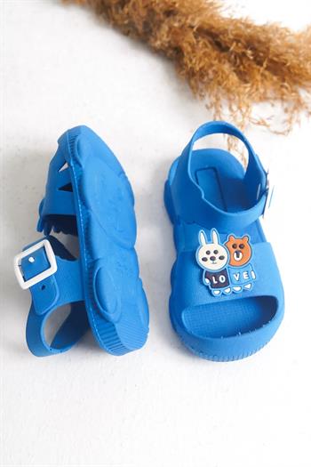 Günlük Mavi Kaydırmaz Taban Hayvan Figürlü Tokalı Bilekten Bağlamalı Çocuk Sandalet Terlik