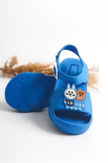 Günlük Mavi Kaydırmaz Taban Hayvan Figürlü Tokalı Bilekten Bağlamalı Çocuk Sandalet Terlik