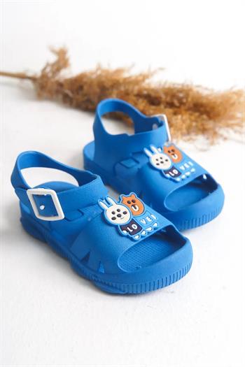 Günlük Mavi Kaydırmaz Taban Hayvan Figürlü Tokalı Bilekten Bağlamalı Çocuk Sandalet Terlik