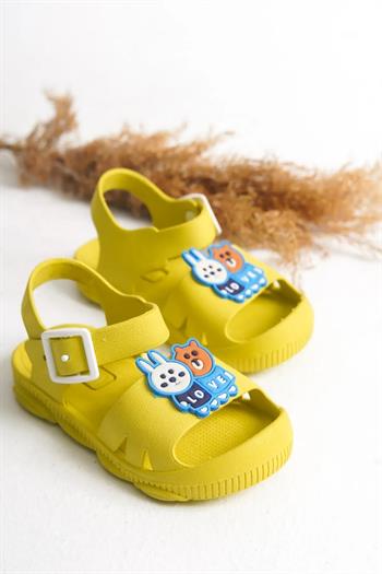 Günlük Sarı Kaydırmaz Taban Hayvan Figürlü Tokalı Bilekten Bağlamalı Çocuk Sandalet Terlik