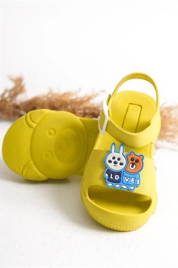 Günlük Sarı Kaydırmaz Taban Hayvan Figürlü Tokalı Bilekten Bağlamalı Çocuk Sandalet Terlik