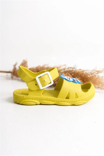 Günlük Sarı Kaydırmaz Taban Hayvan Figürlü Tokalı Bilekten Bağlamalı Çocuk Sandalet Terlik