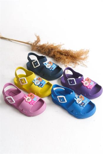 Günlük Sarı Kaydırmaz Taban Hayvan Figürlü Tokalı Bilekten Bağlamalı Çocuk Sandalet Terlik