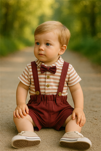 Erkek Bebek Çizgili Gömlekli Papyonlu Salopet