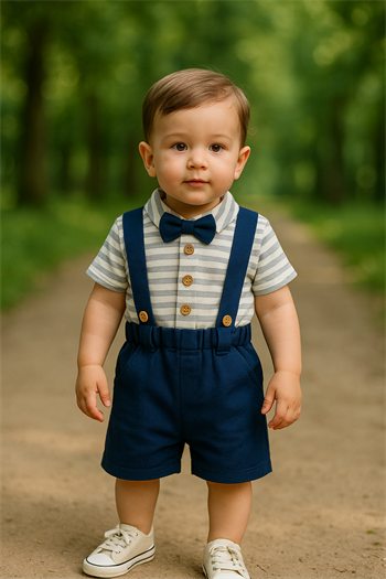 Erkek Bebek Çizgili Gömlekli Papyonlu Salopet