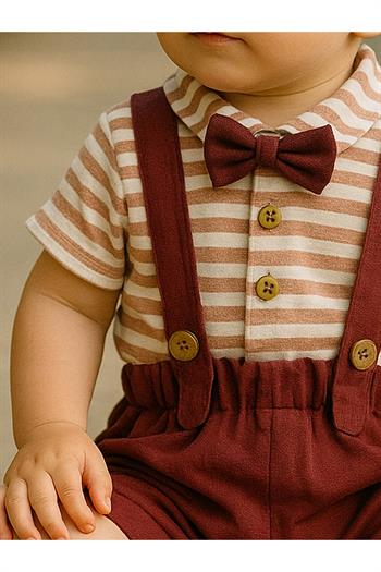 Erkek Bebek Çizgili Gömlekli Papyonlu Salopet
