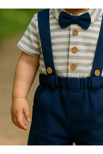 Erkek Bebek Çizgili Gömlekli Papyonlu Salopet