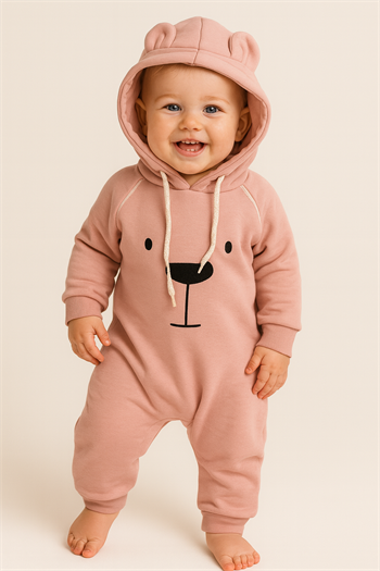 Erkek Bebek Kapüşonlu Ayı Desenli Tulum Pembe