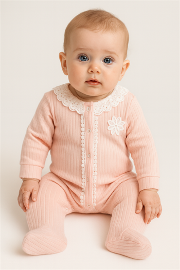 Kız Bebek Çiçek Armalı Güpür Yakalı Tulum