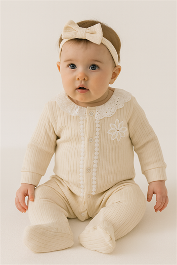 Kız Bebek Çiçek Armalı Güpür Yakalı Tulum