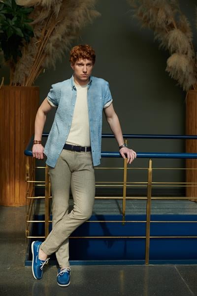 NCS JEANSErkek Mavi Gofre Kumaş Slim Fit Dar Kesim Düğme Yaka Kısa Kol Gömlek Jeans 72327232