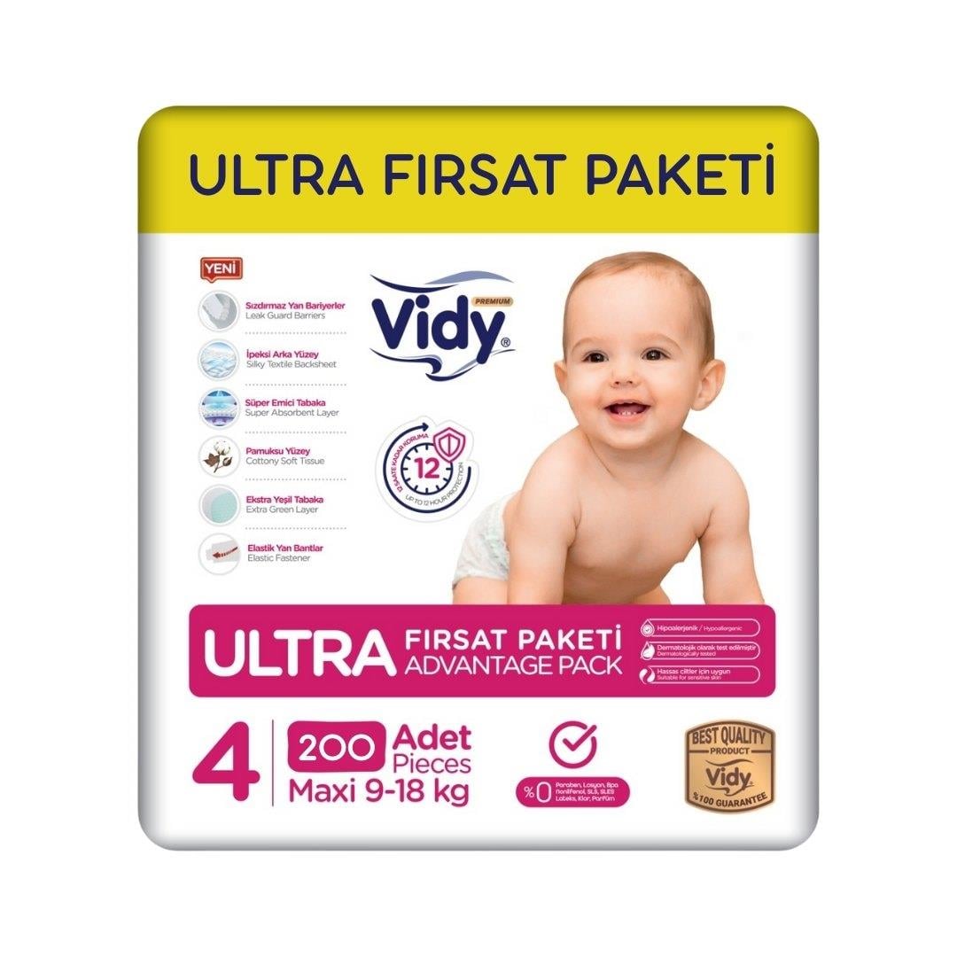 Vidy Bebek Bezi 4 Numara Maxi Ultra Fırsat Paketi 200 Adet / 9-18 Kg / Sızdırmaz Emici Hipoalerjenik