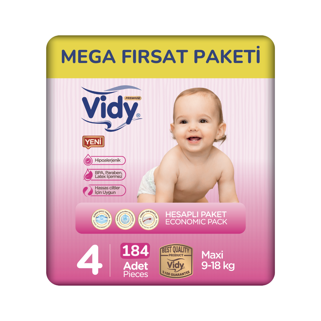 Vidy Bebek Bezi Maxi 9-18 Kg 4 Beden 184 Adet