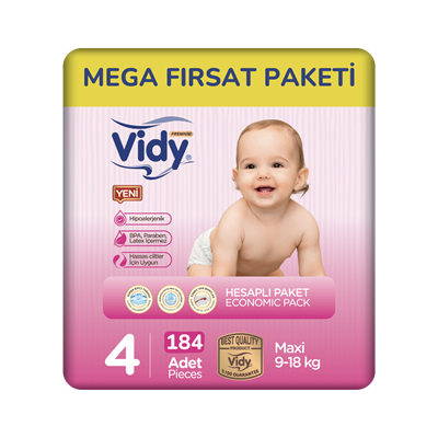 Vidy Bebek Bezi Maxi 9-18 Kg 4 Beden 184 Adet