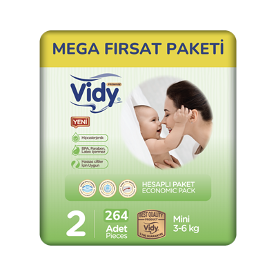 Vidy Bebek Bezi Midi 3-6 Kg 2 Beden 264 Adet