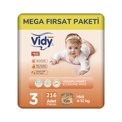Vidy Bebek Bezi Mini 4-10 Kg 3 Beden 216 Adet