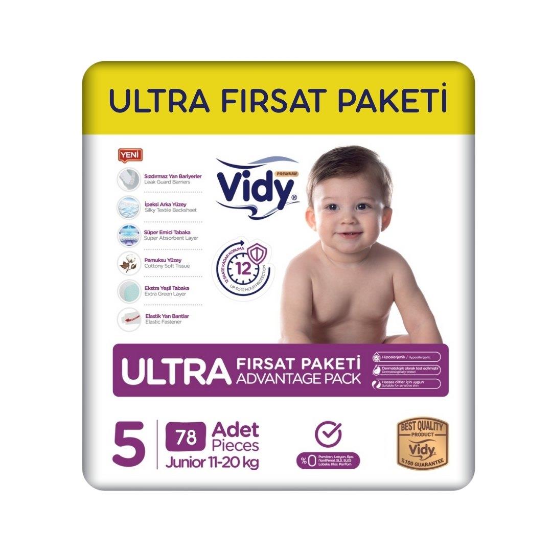 Vidy Bebek Bezi 5 Numara Junior Ultra Fırsat Paketi 78 Adet / 11-20 Kg / Sızdırmaz Emici Hipoalerjenik