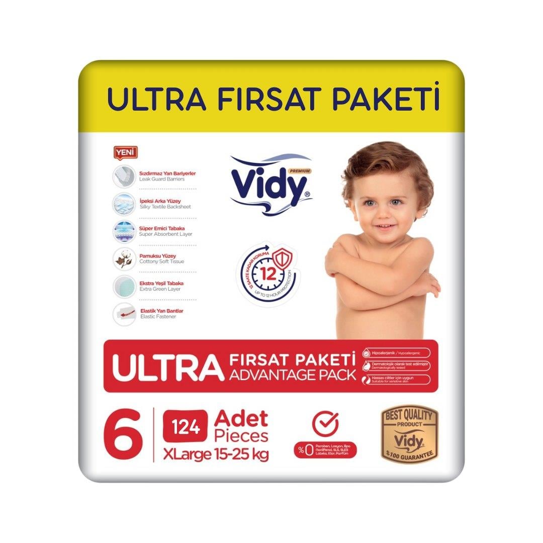 Vidy Bebek Bezi 6 Numara XLarge Ultra Fırsat Paketi 124 Adet / 15-25 Kg / Sızdırmaz Emici Hipoalerjenik