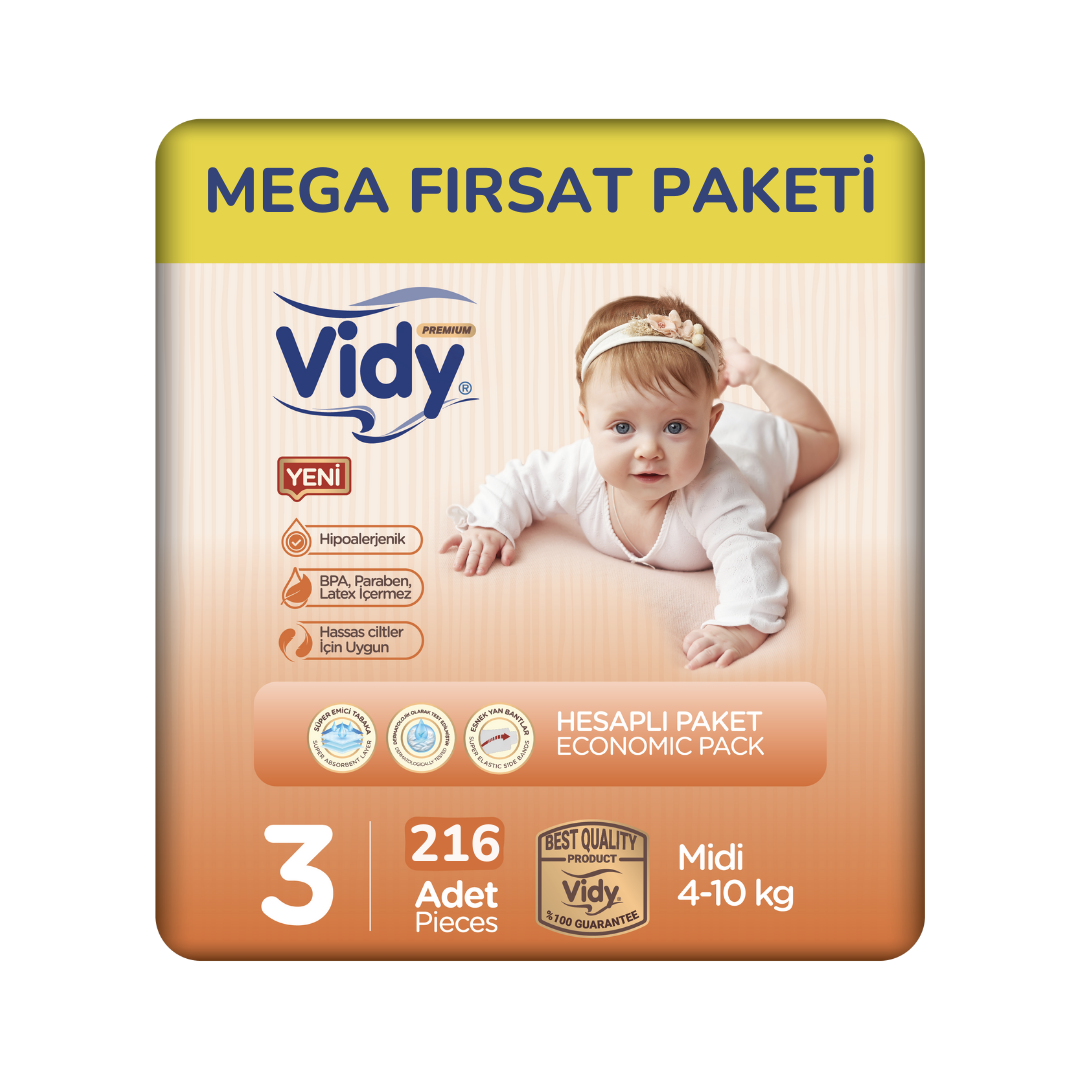 Vidy Bebek Bezi Mini 4-10 Kg 3 Beden 216 Adet