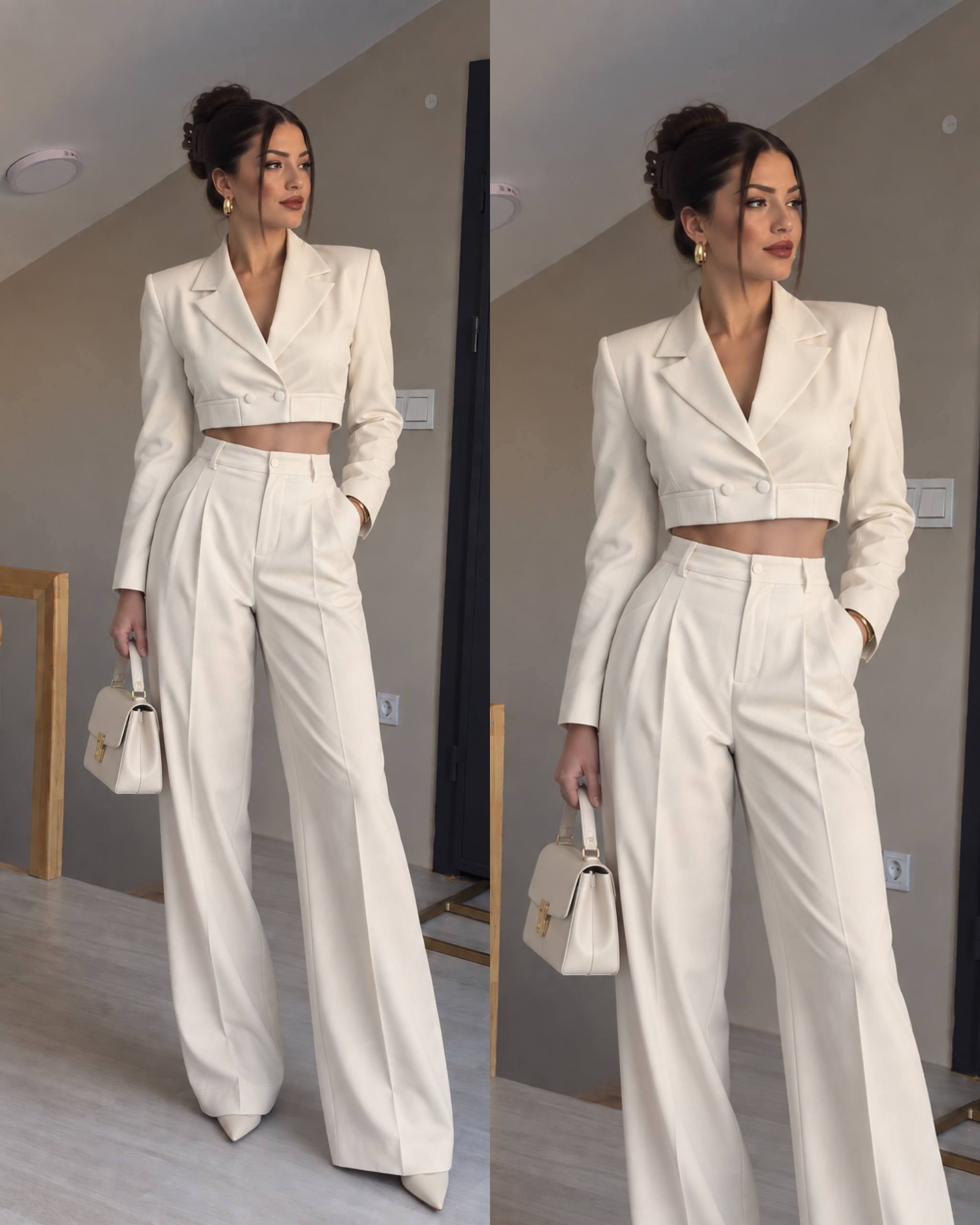 Beyaz crop ceket pantolon ikili takım