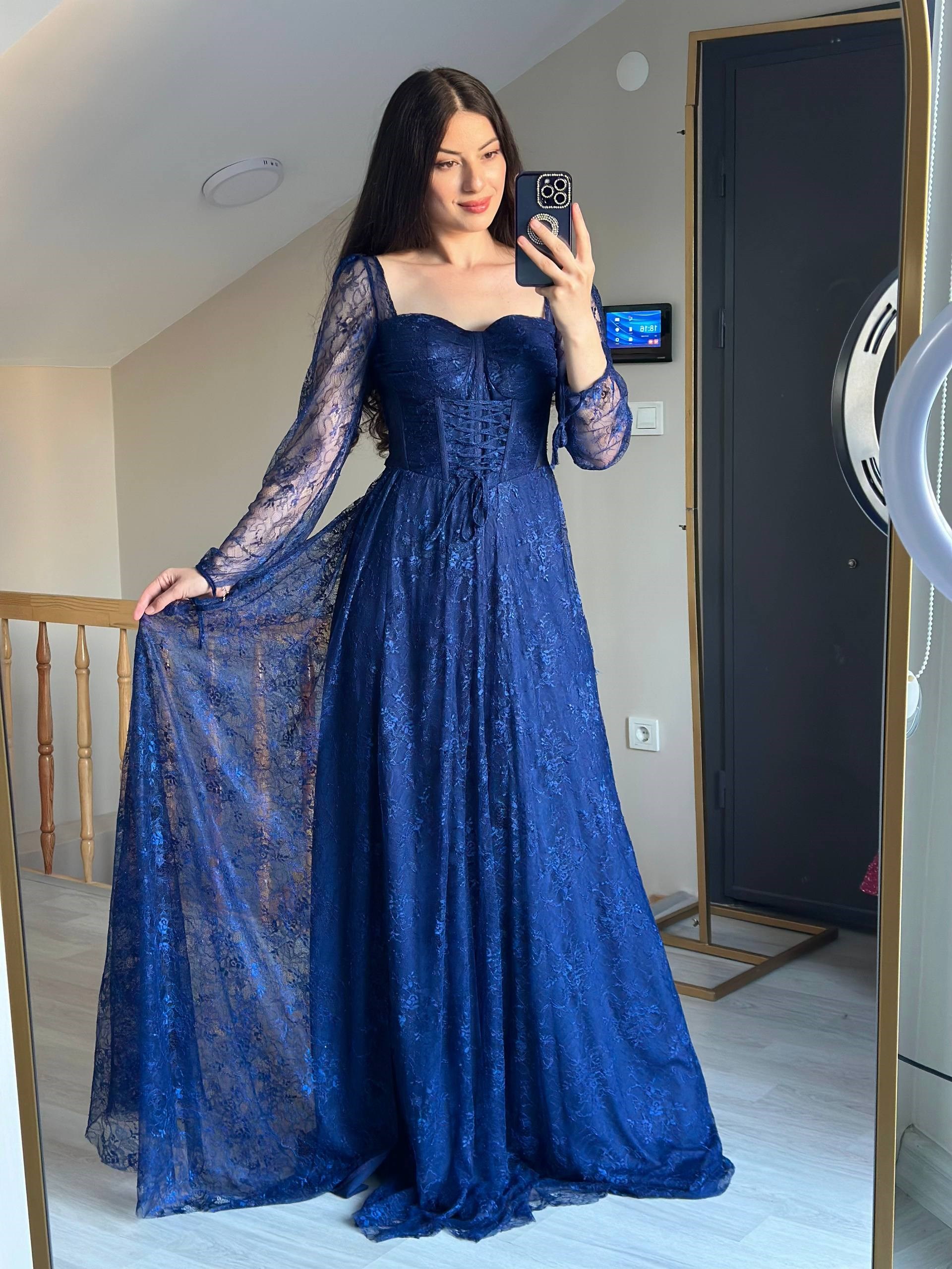 Gülcan Luxury Dantelli Lacivert Uzun Abiye