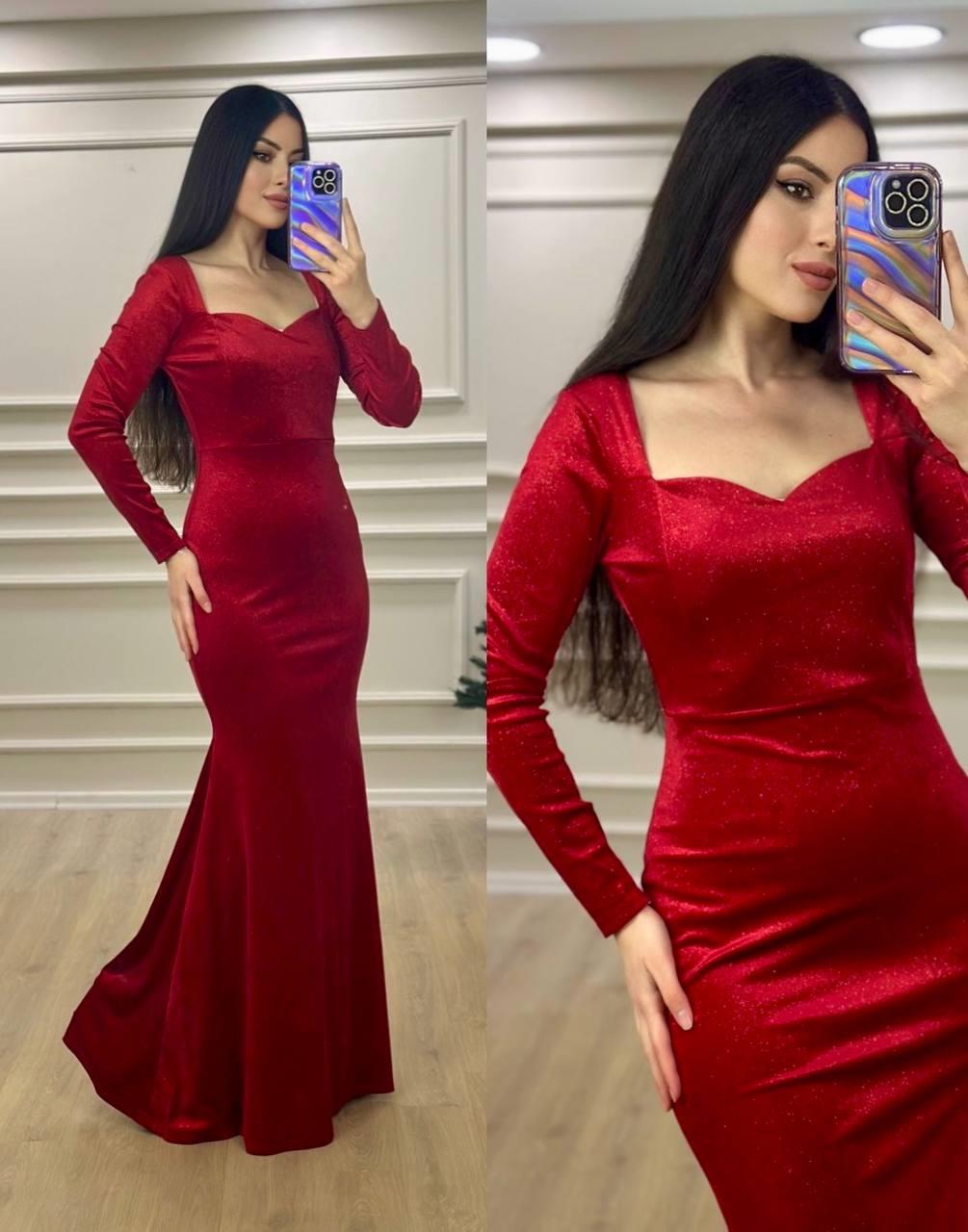 Kırmızı kalp yaka simli maxi boy abiye