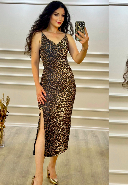 Leopar desenli sandy kumaş full likralı midi boy degaje yaka elbise