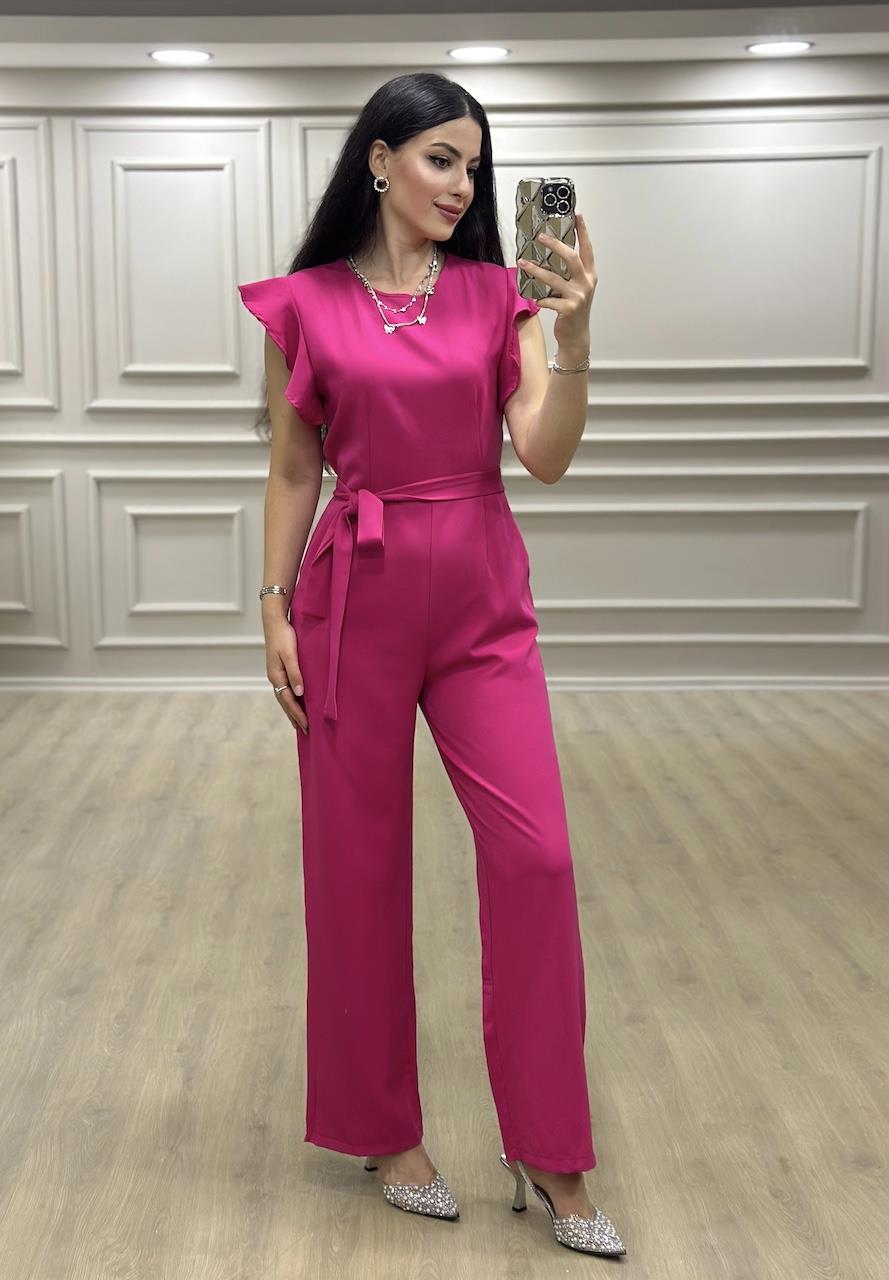 Pembe Omuz Fırfırlı ve Kuşaklı Tulum