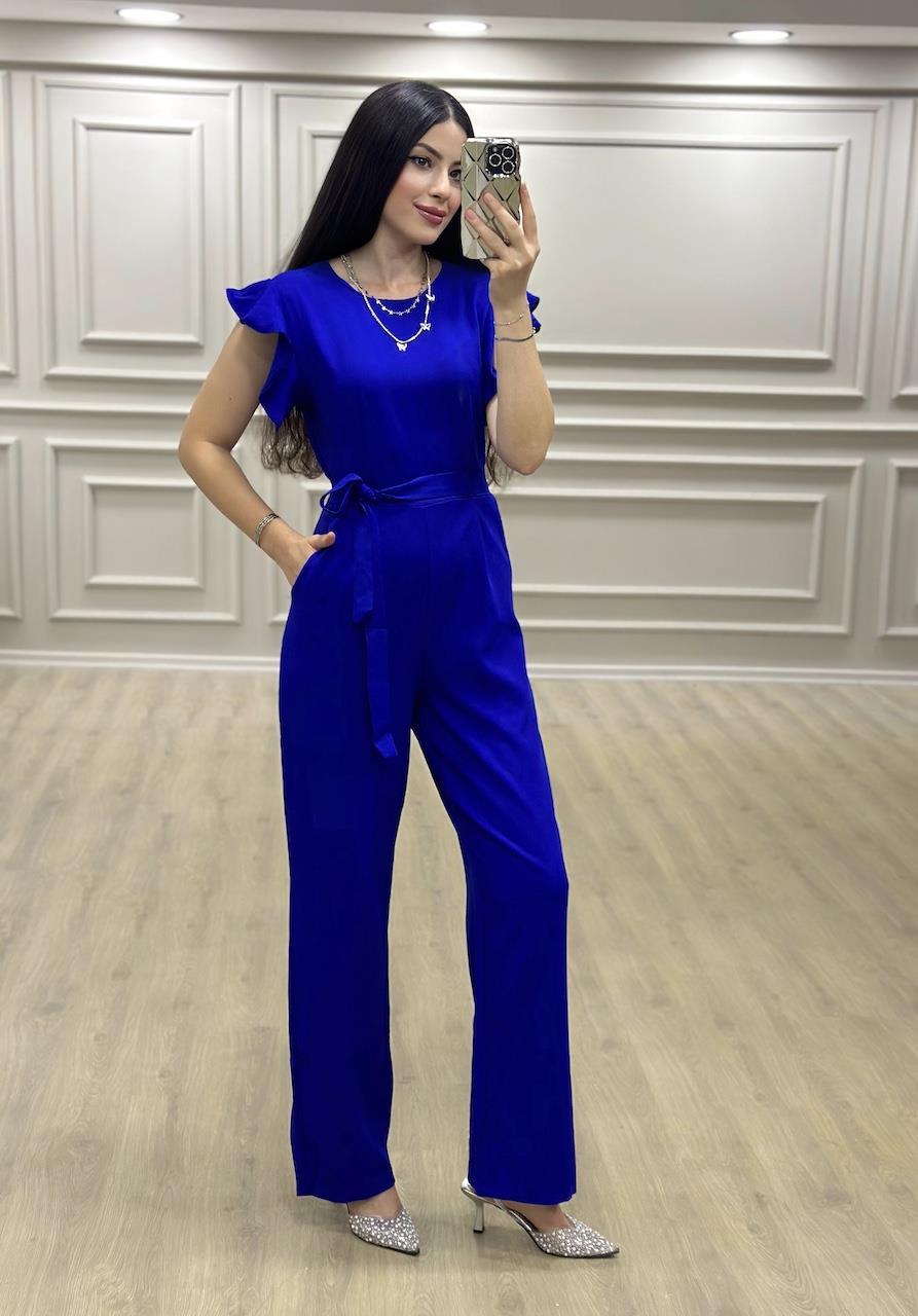 Saks Mavi Omuz Fırfırlı ve Kuşaklı Tulum